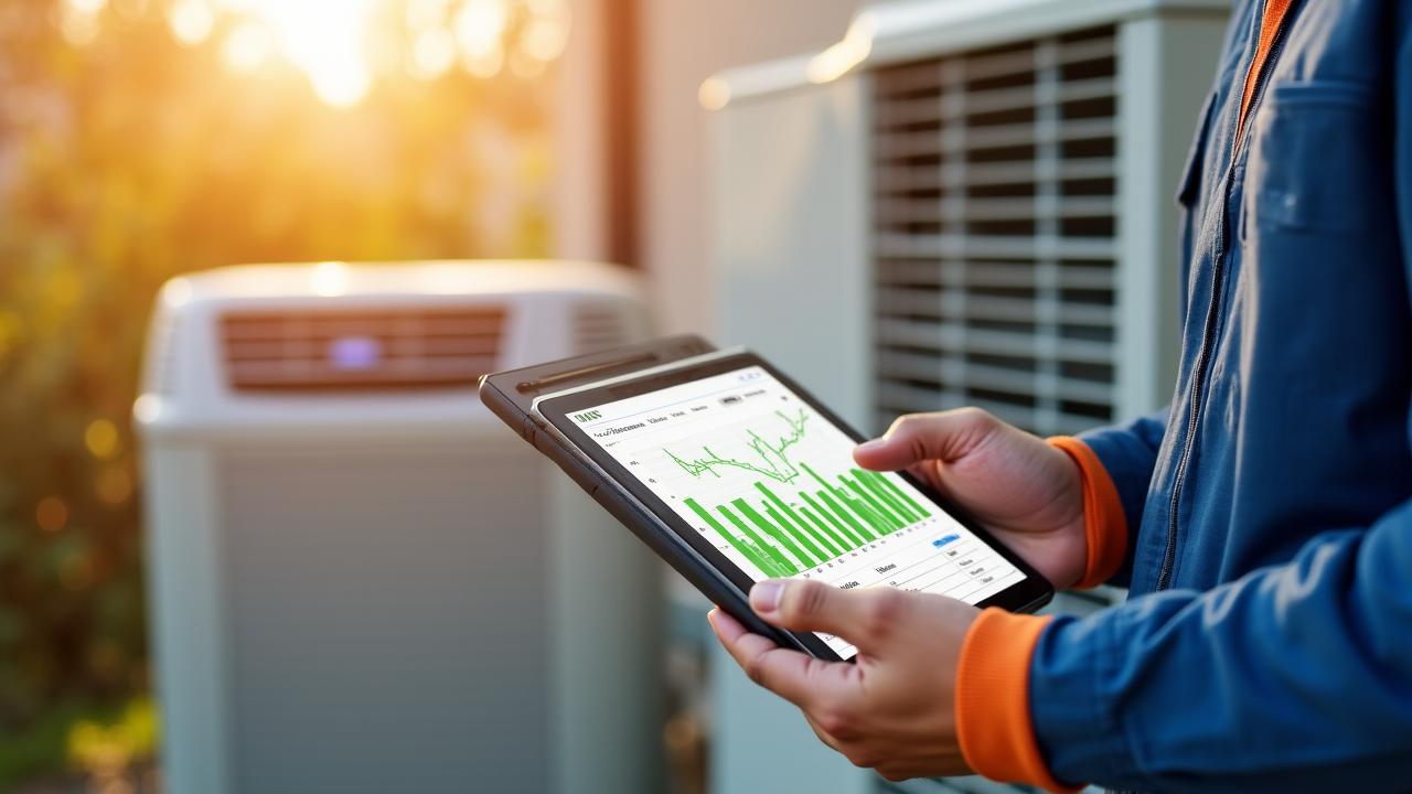 HVAC technician monitoring digital tablet metrics